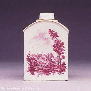 Tea caddy with landscape in puce camaieu