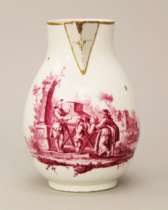 Milk jug with peep show scene in puce camaieu